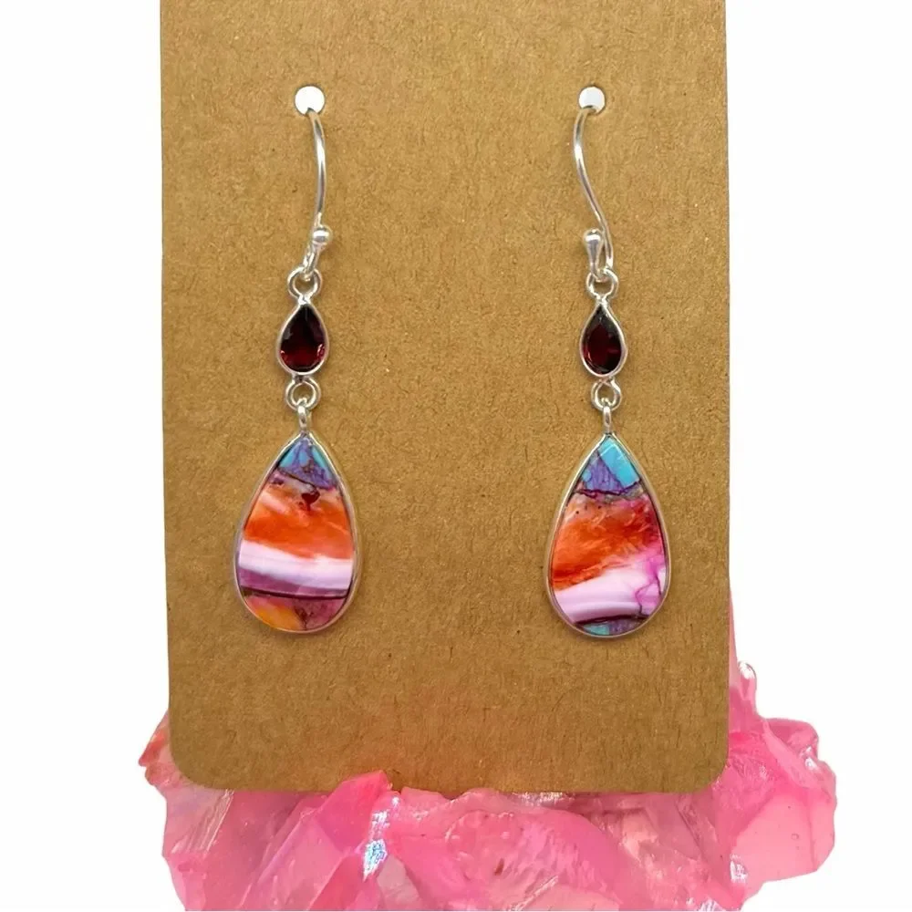 Kingman Pink Dahlia Turquoise Garnet Earrings Solid 925 Sterling Silver